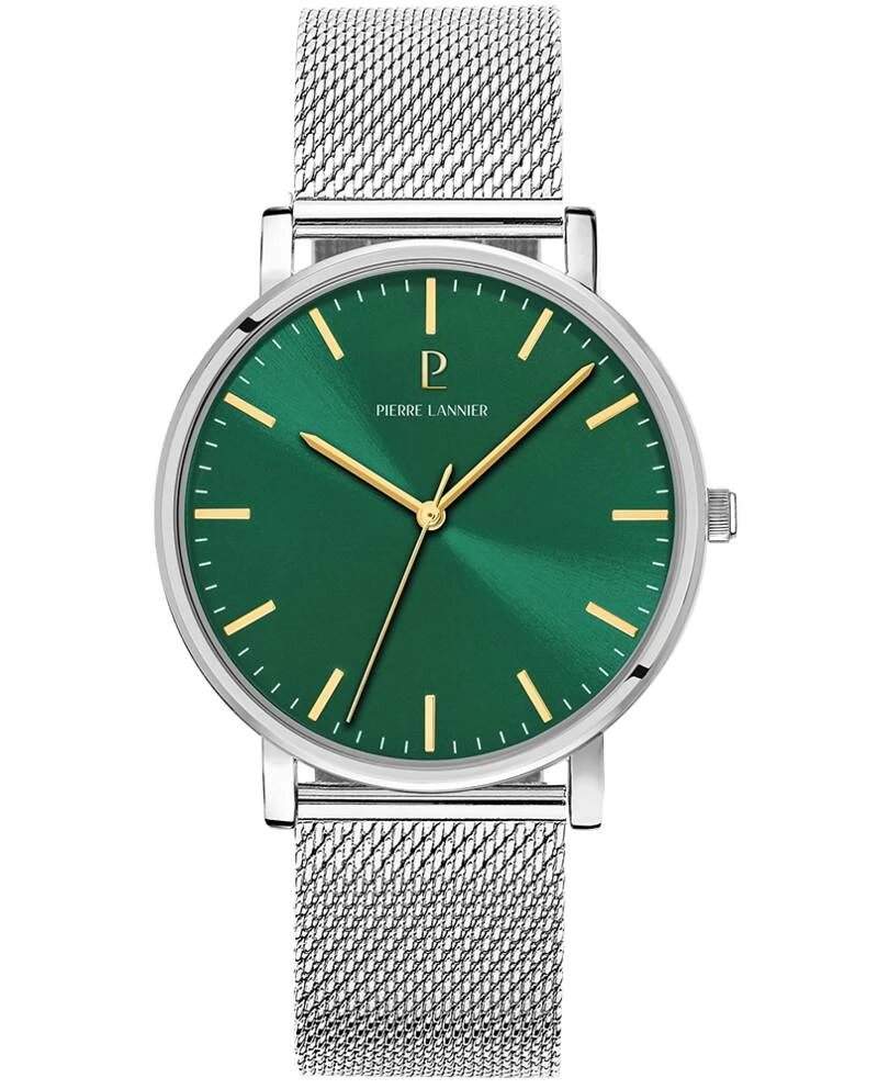 Pierre Lannier Watch - Men's ESSENTIAL Quartz Watch, Silver, Green Sunburst Dial, Silver Milanese Steel Bracelet, 20MM - 217G171
