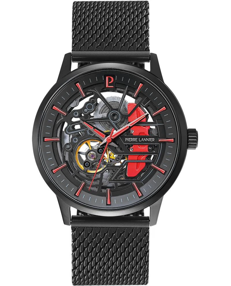 Pierre Lannier Watch - Men's Automatic PADDOCK Black, Black Dial, Black 22mm Milanese Steel Bracelet - 345A459
