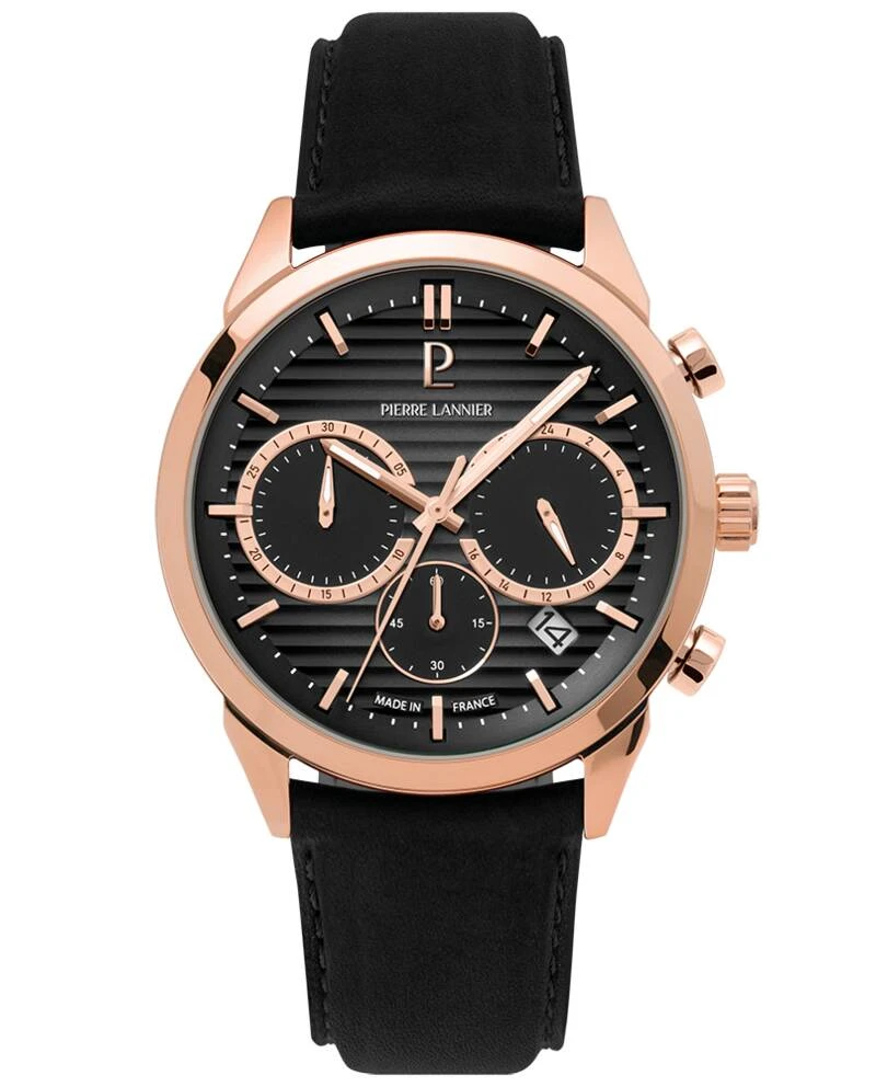 Pierre Lannier Watch - Men's Quartz MONARCK Rose Gold-Toned, Smoky Gray Dial, Black Leather Strap 22MM - 233D233
