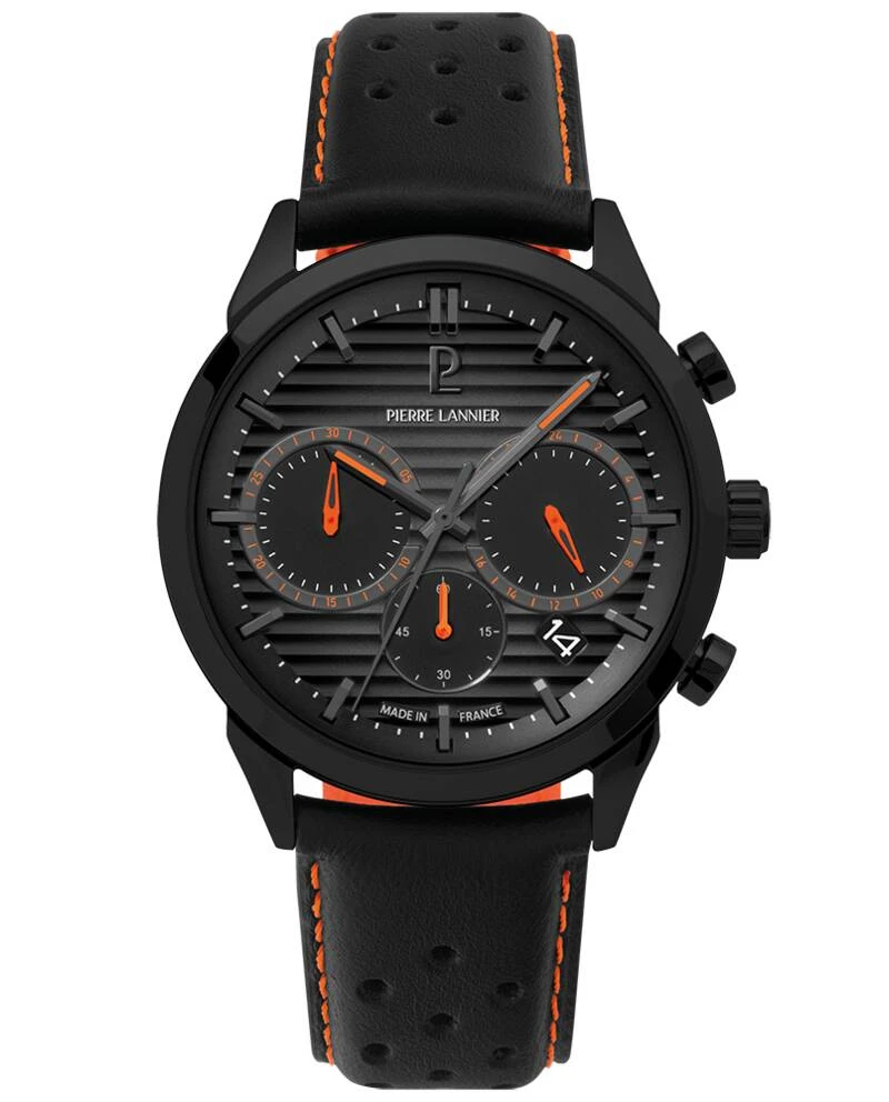 Pierre Lannier Watch - Men's Quartz MONARCK Black with Smoked Gray Dial and Black Leather Strap, 22MM - 233D433