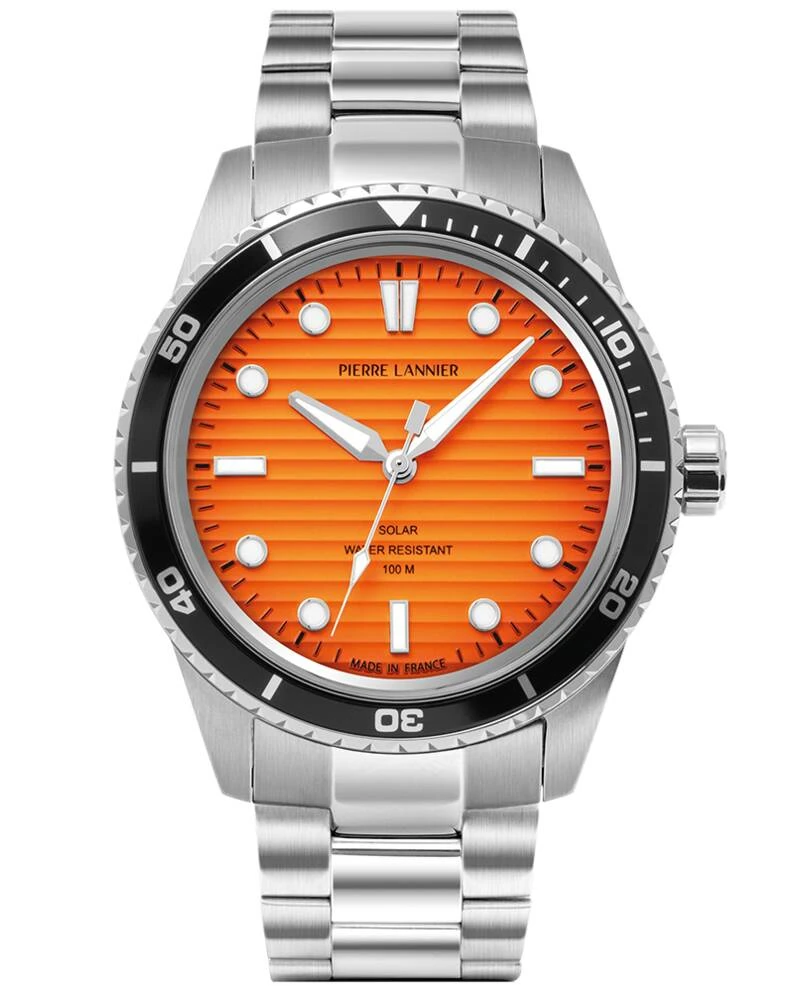Pierre Lannier Watch - INTI Men's Solar Watch, Silver, Smoked Orange Dial, Silver-Toned Steel Strap, 22MM - 244H151