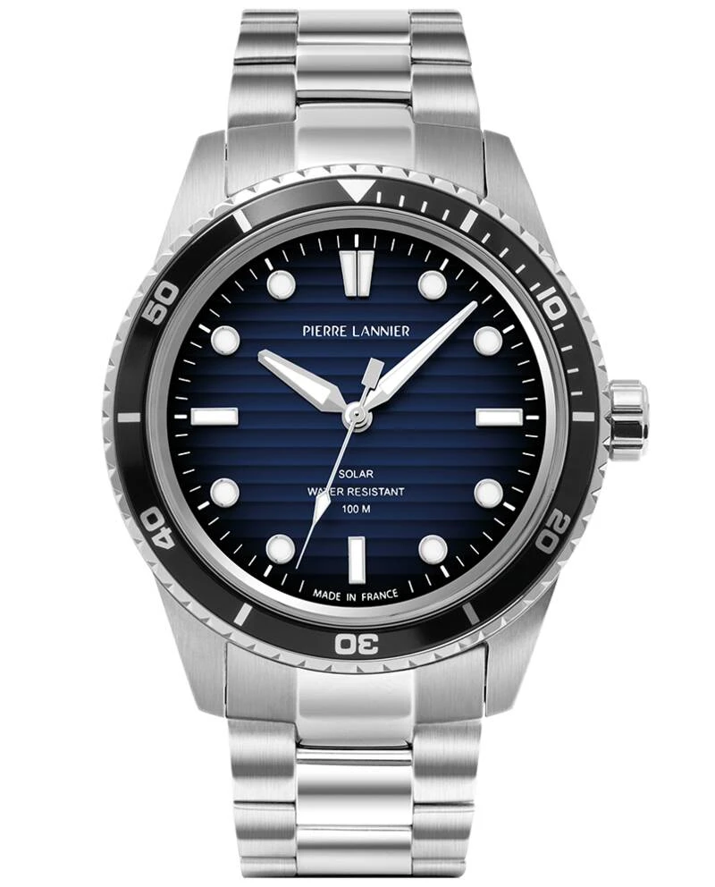 Pierre Lannier Watch - INTI Men's Solar Watch, Silver, Blue Smoked Dial, Silver-Tone Steel Strap, 22MM - 244H161
