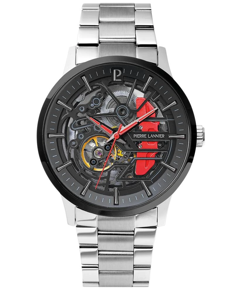 Pierre Lannier Watch - Men's Automatic PADDOCK Silver-Toned Watch with Black Dial and 22MM Silver-Toned Steel Strap - 343B151