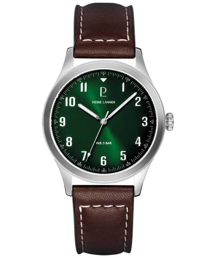 Pierre Lannier Watch - Men's Quartz AVIATEUR Silver Watch with Green Sunburst Dial and Brown Leather Strap, 20MM - 260G174