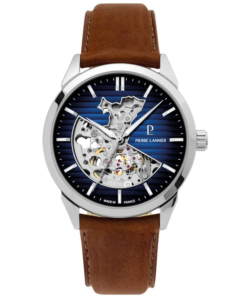 Pierre Lannier Watch - Men's Automatic MONARCK Silver-Toned Watch with Blue "Alsace" Dial and Brown Leather Strap, 22MM - 315D164