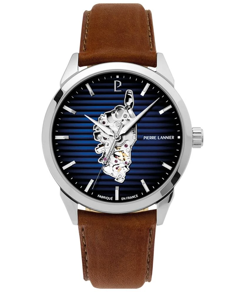 Pierre Lannier Watch - Men's Automatic MONARCK Silver-Tone Watch with Blue Corsican Dial and Brown Leather Strap, 22MM - 316F124