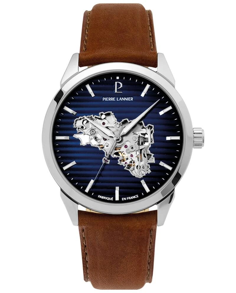 Pierre Lannier Watch - Men's Automatic MONARCK Silver with Blue "Bretagne" Dial and Brown Leather Strap, 22MM - 316F134
