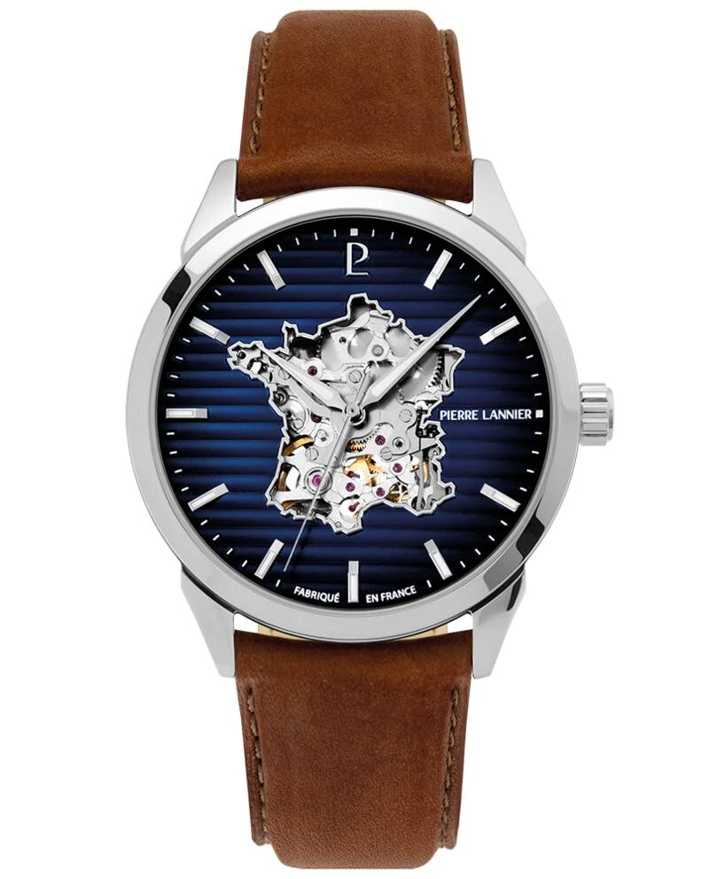 Pierre Lannier Watch - Men's Automatic MONARCK Silver-Toned Watch with France Blue Dial and Brown Leather Strap, 22MM - 316F164