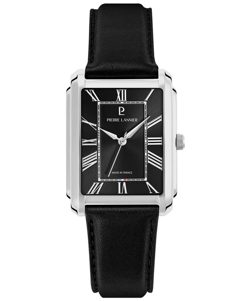 Pierre Lannier Watch - Men's EMPIRE Quartz Watch, Silver, Black Sunburst Dial, Black Leather Strap, 20MM - 212G133