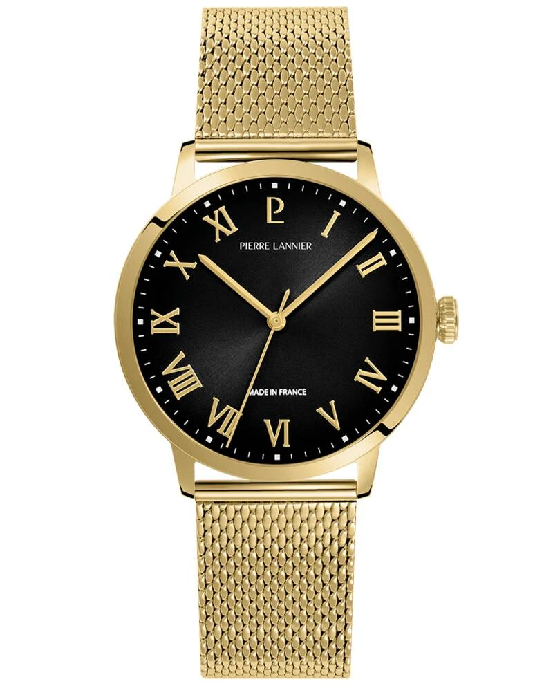 Pierre Lannier Watch - Men's Quartz INTERVAL Gold-Tone Black Dial Gold-Tone Milanese Steel Bracelet 20MM - 256G032