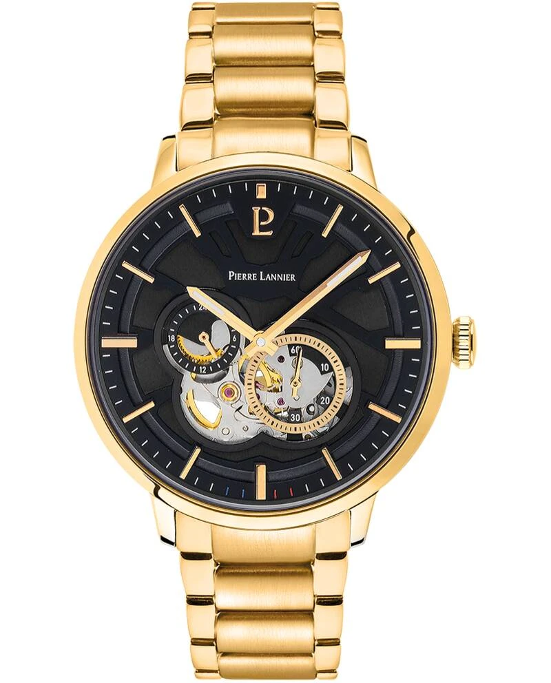 Pierre Lannier Watch - Men's Automatic TRIO Gold-Toned Model with Black Dial and 20MM Gold-Toned Steel Strap - 333D032