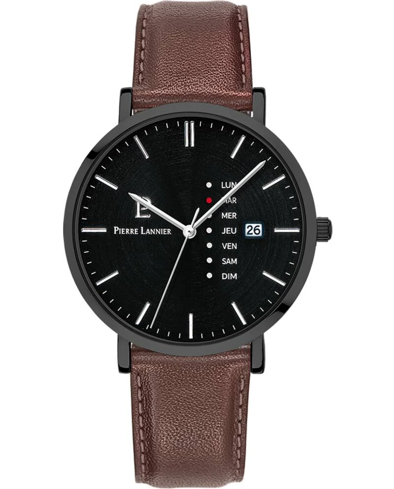 Pierre Lannier Watch - Men's Quartz DATA Black Dial, Brown Leather Strap 20MM - 243H434
