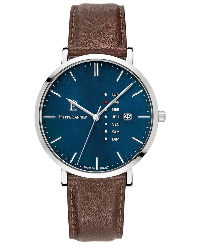 Pierre Lannier Watch - Men's Quartz DATA, Silver, Blue Dial, Brown Leather Strap, 20MM - 242D164