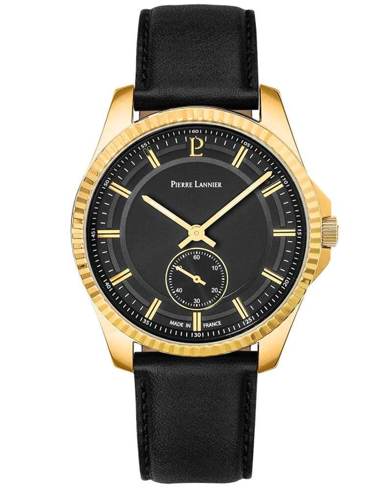 Pierre Lannier Watch - Men's Quartz METROPOLITAIN Gold-Toned Watch with Black Sunburst Dial and Black Leather Strap, 20MM - 247H033