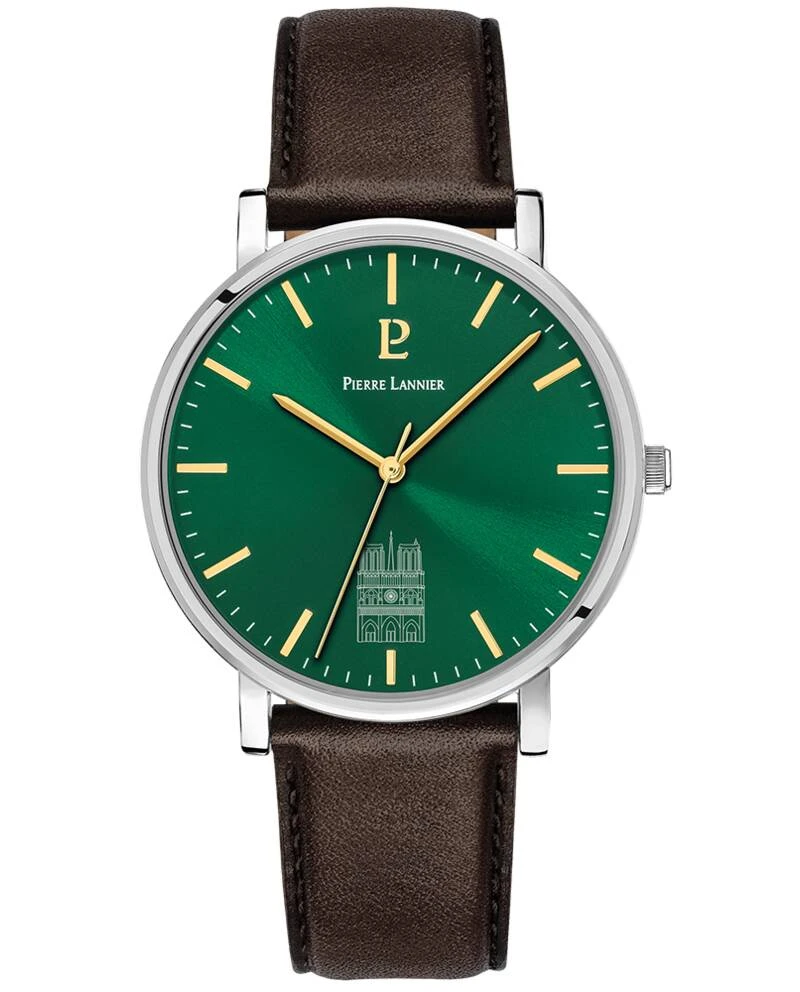 Pierre Lannier Watch - Men's Quartz "COEUR BATTANT" Silver-Toned Watch with Green Sunburst Dial and Brown Leather Strap, 20MM - 298D174