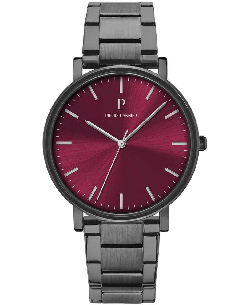 Pierre Lannier Watch - Men's ESSENTIAL Quartz Watch, Gray Sunburst Bordeaux Dial, Gray Steel Strap, 20MM - 252G459