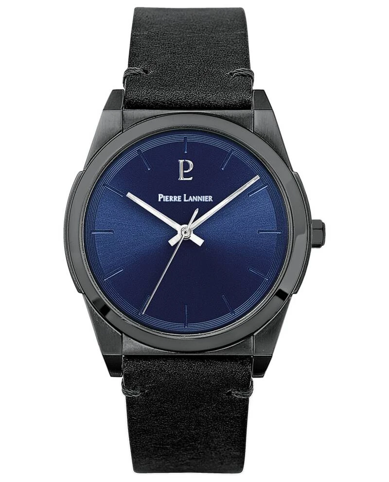 Pierre Lannier Watch - Men's Quartz CANDIDE Black Watch with Blue Sunburst Dial and Black Leather Strap, 20 mm - 214K463