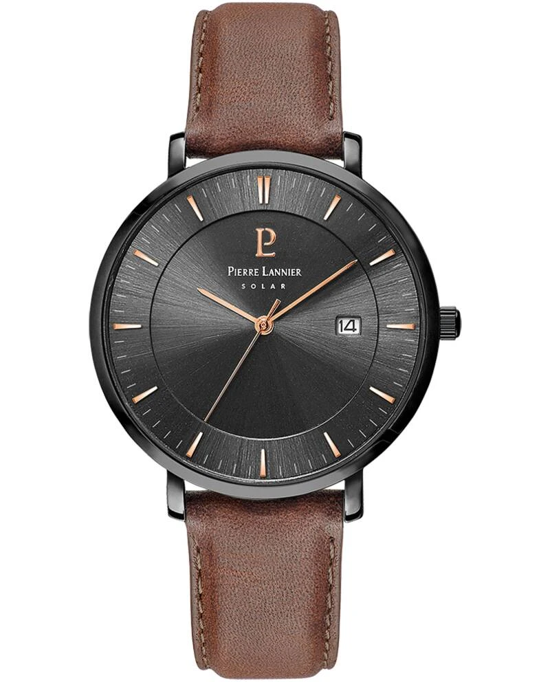 Pierre Lannier Watch - INTI Men's Solar-Powered Watch, Black Sunburst Dial, Brown Leather Strap, 18MM - 209G434
