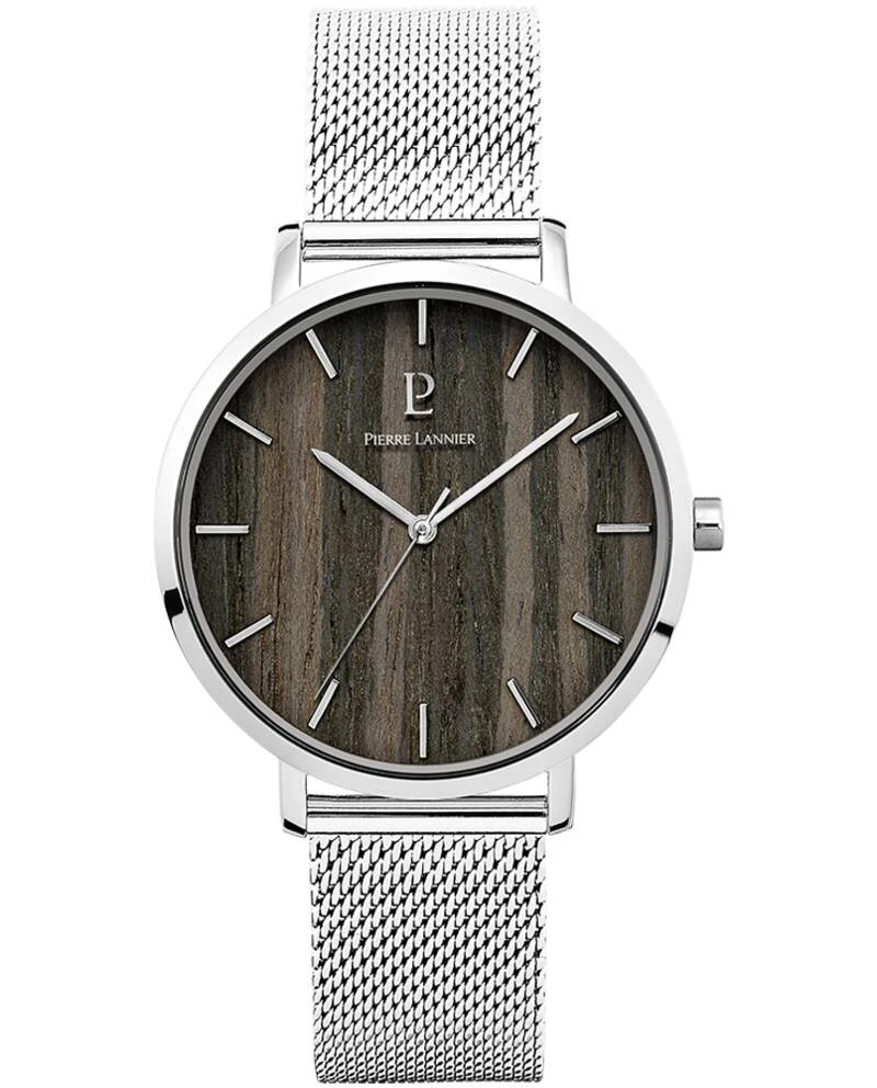 Pierre Lannier Watch - Men's Quartz NATURE Silver-Toned with Black Wood Dial and Silver-Toned 18MM Milanese Steel Bracelet - 240H188