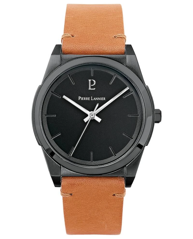 Pierre Lannier Watch - Men's Quartz CANDIDE Black with Black Dial and Camel Leather Strap, 20 mm - 214K434