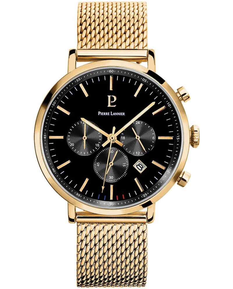 Pierre Lannier Watch - Men's Quartz BARON Gold-Tone Black Dial Gold-Tone Milanese Steel Bracelet 20MM - 222G032