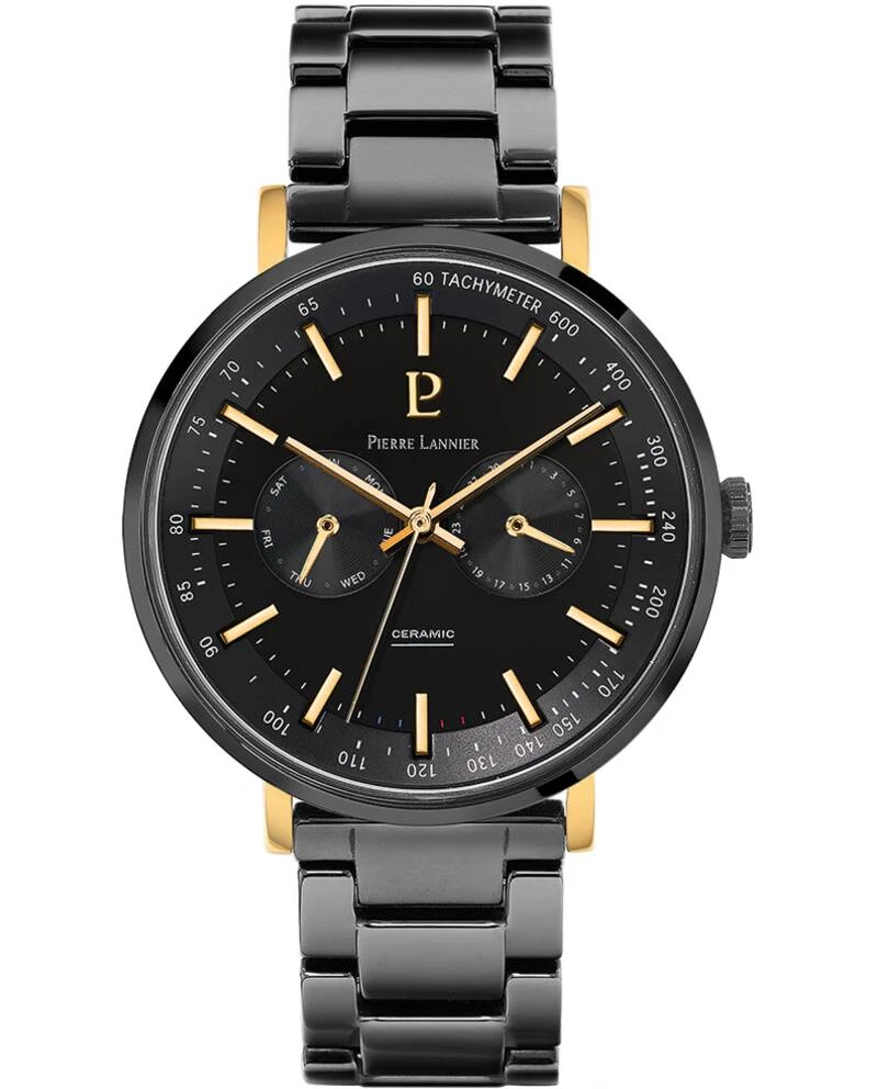 Pierre Lannier Watch - Men's Quartz CERAMIC Gold-Toned Watch with Black Sunburst Dial and Black Ceramic Strap, 20MM - 245G039