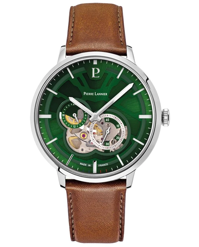 Pierre Lannier Watch - Men's Automatic TRIO Silver, Green Sunburst Dial, Brown Leather Strap 20MM - 334B174
