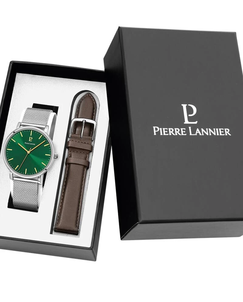 Pierre Lannier Watch - ESSENTIAL Men's Gift Set, Silver, Green Sunburst Dial, Brown Leather Strap, 20MM - 386C171