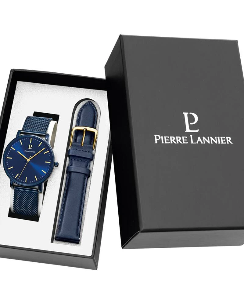 Pierre Lannier Watch - ESSENTIAL Men's Gift Set: Blue Sunburst Dial, Blue Leather Strap, 20MM - 388C466