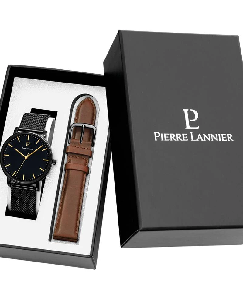 Pierre Lannier Watch - ESSENTIAL Men's Set: Black Case, Black Dial, Black Leather Strap, 20MM - 388C439