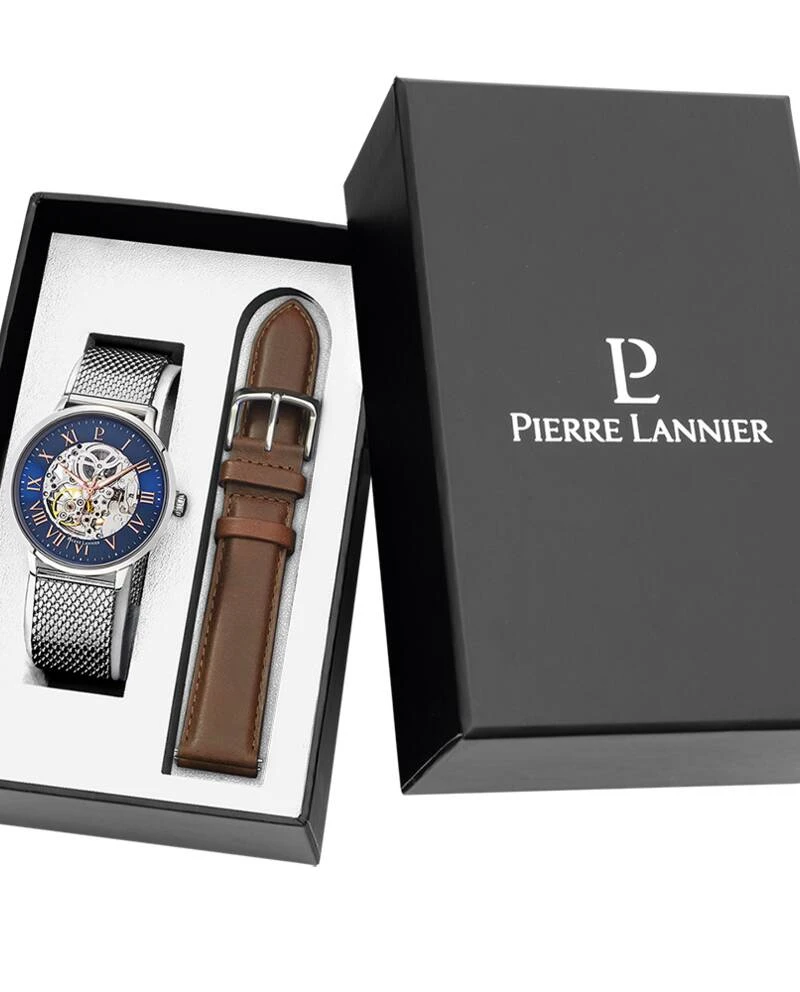 Pierre Lannier Watch - Men's Gift Set: AUTOMATIC, Silver, Blue Sunburst Dial, Brown Leather Strap, 20MM - 391C168