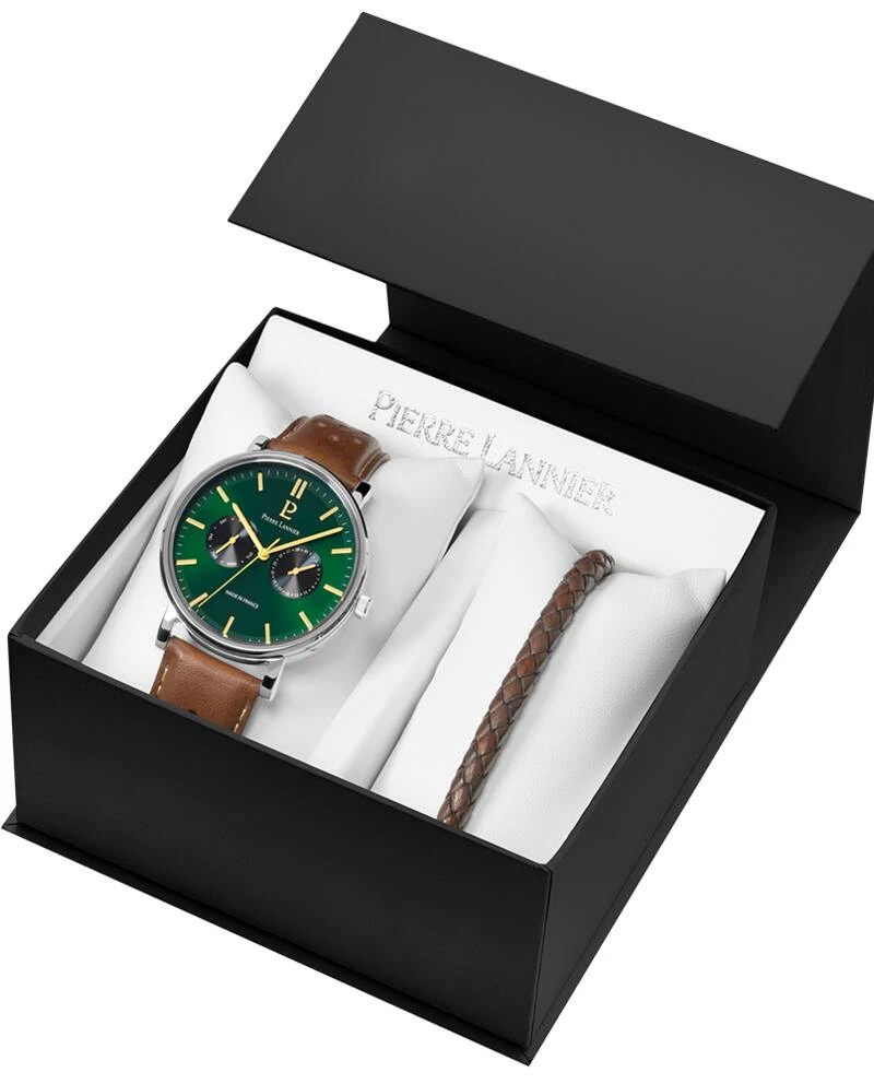 Pierre Lannier Watch - ESSENTIAL Men's Set, Silver, Green Dial, Brown Perforated Leather Strap, 20 mm - 387D174