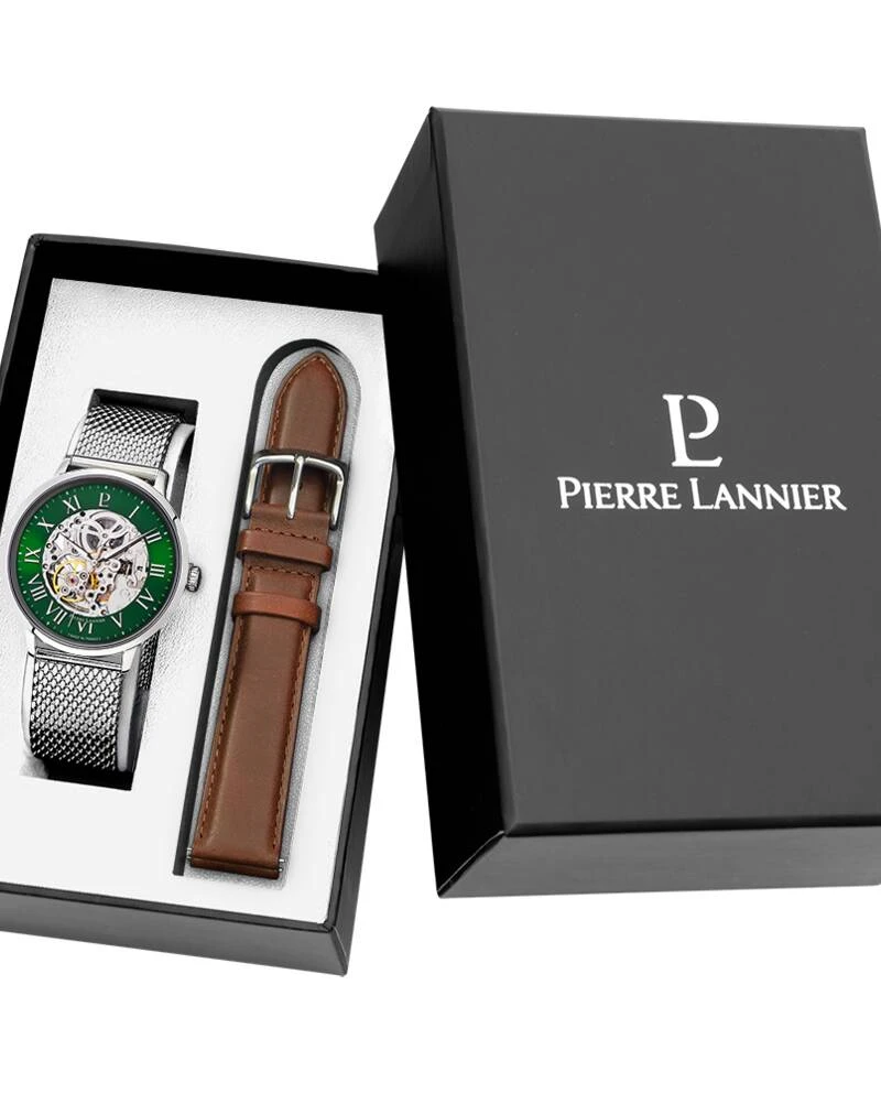 Pierre Lannier Watch - Men's Gift Set: AUTOMATIC, Silver, Green Sunburst Dial, Brown Leather Strap, 20MM - 390C171