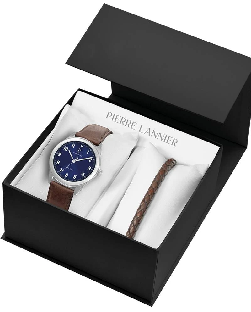 Pierre Lannier Watch - Men's AVIATEUR Set, Silver, Blue Sunburst Dial, Brown Leather Strap 20MM - 379F164