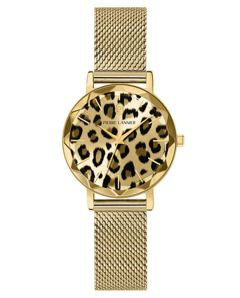 Pierre Lannier Watch - Women's Quartz MULTIPLES, Gold-Tone, Leopard-Print Dial, Gold-Tone Milanese Steel Bracelet, 14MM - 008G592