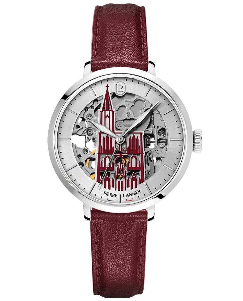 Pierre Lannier Watch - Women's Automatic CATHEDRALE Silver-Toned Sunburst Silver Dial Bordeaux Leather Strap 14MM - 101H625