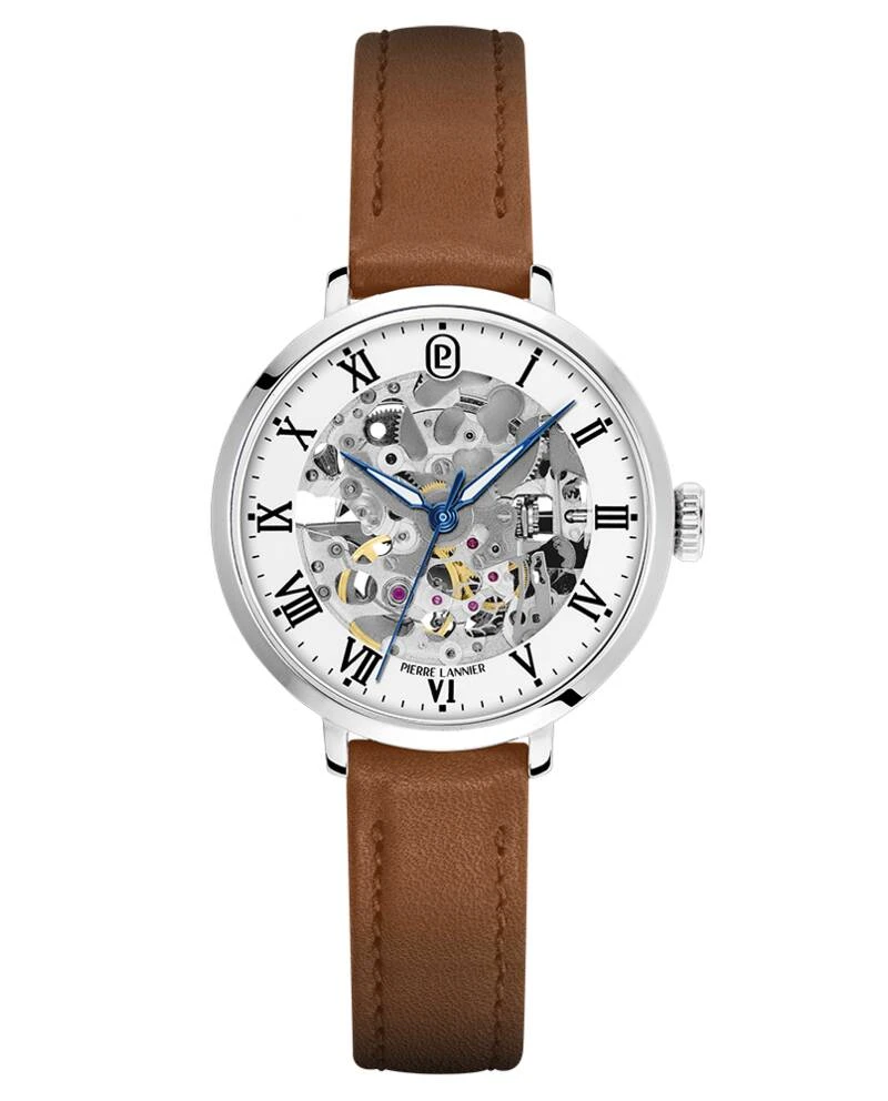 Pierre Lannier Watch - Women's Automatic AUTOMATIC Silver-Toned White Dial Brown Leather Strap 14MM - 137H604