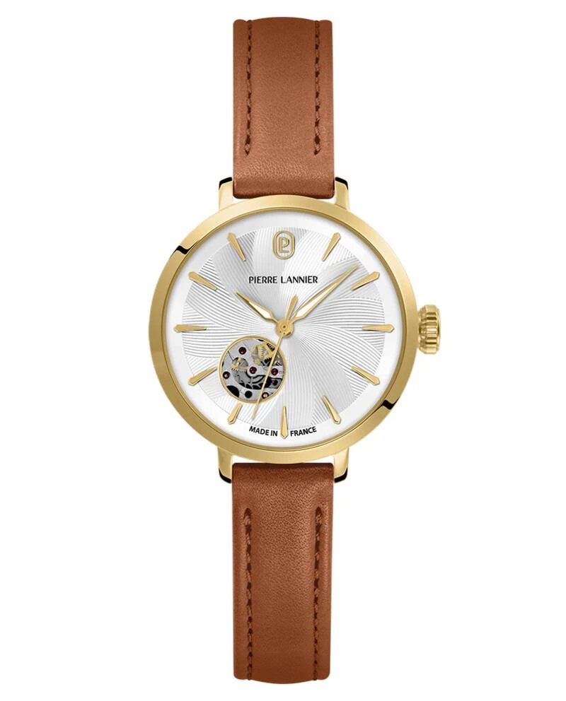 Pierre Lannier Watch - Women's Automatic SOLINE in Gold with Silver Sunburst Dial and Brown Leather Strap, 12MM - 139L524