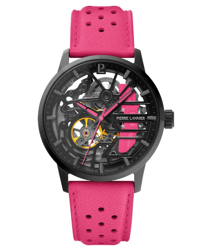 Pierre Lannier Watch - Women's Automatic PADDOCK Black with Black Dial and Pink Leather Strap, 20MM - 145G895
