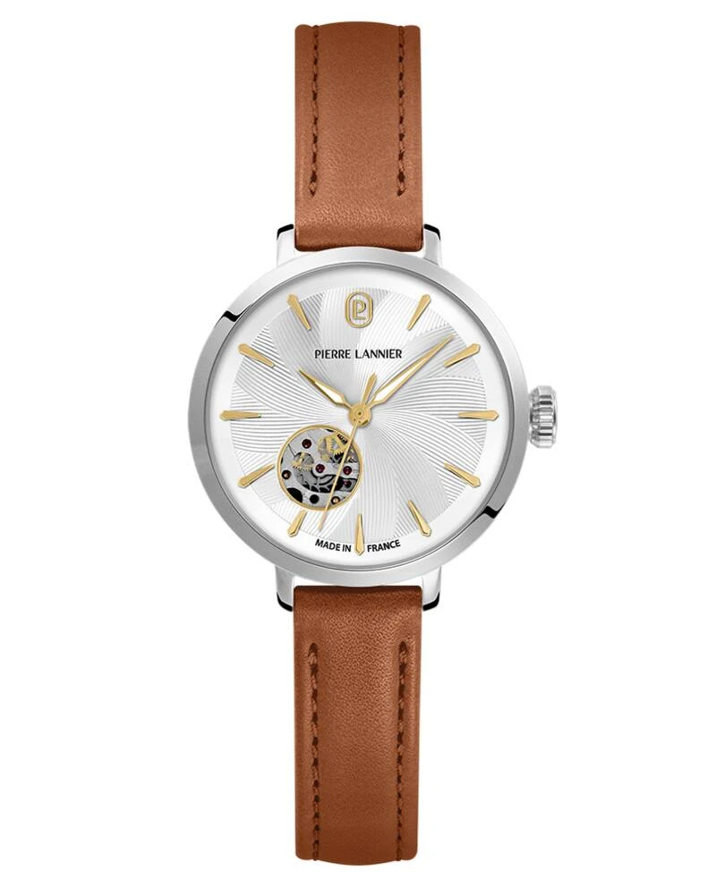 Pierre Lannier Watch - Women's Automatic SOLINE Silver-Tone Watch with Silver-Tone Sunburst Dial and 12MM Brown Leather Strap - 138F624