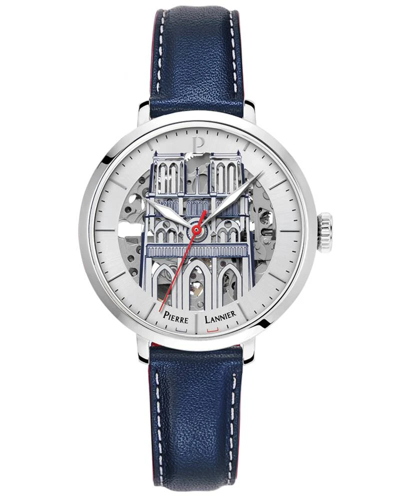 Pierre Lannier Watch - Women's Automatic "COEUR BATTANT" Silver-Tone Sunburst Dial, Blue Leather Strap, 14MM - 100J626