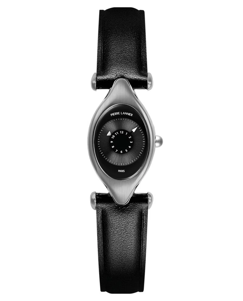Pierre Lannier Watch - Women's OVNI Quartz Watch, Silver, Black Sunburst Dial, Black Leather Strap, 14MM - 094L639