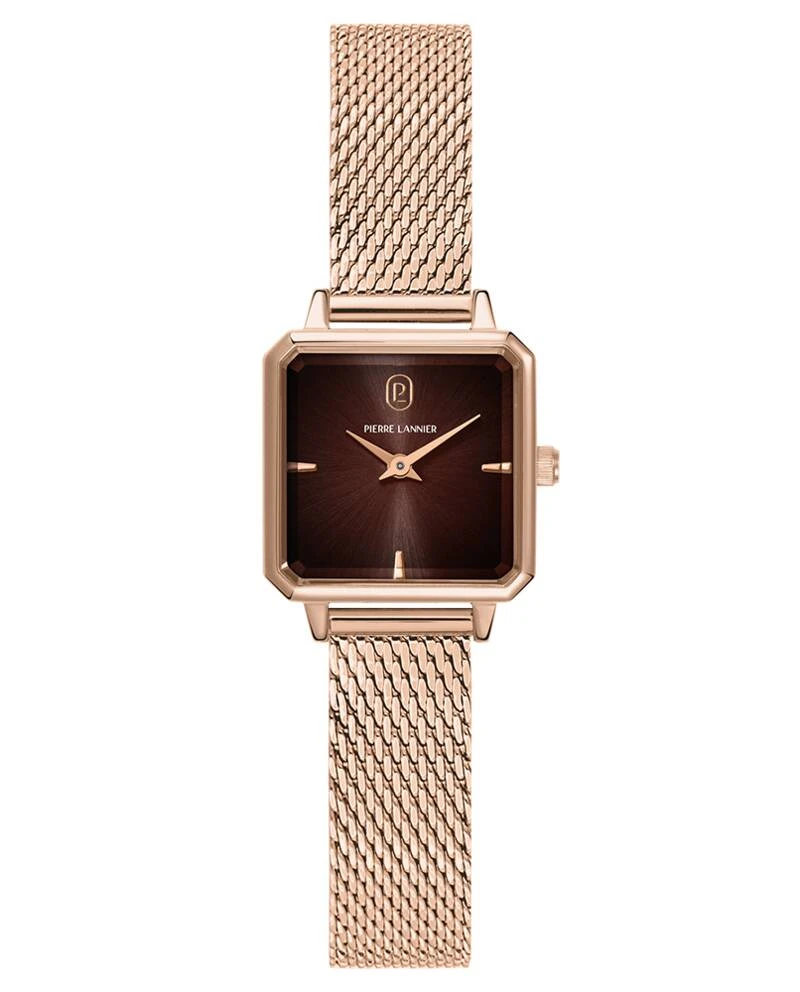Pierre Lannier Watch - Women's Quartz LEONOR Rose Gold-Toned Watch with Smoky Chocolate Dial and 12MM Rose Gold-Toned Milanese Steel Bracelet - 072J788