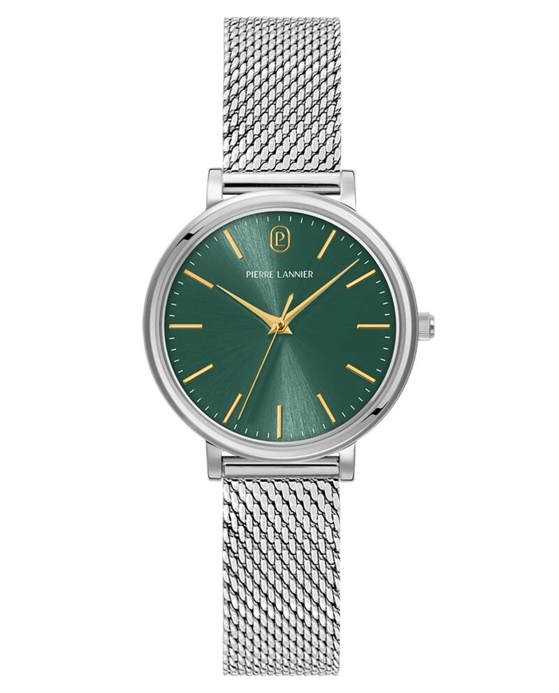 Pierre Lannier Watch - Women's ESSENTIAL Silver Quartz Watch with Green Sunburst Dial and 14MM Silver Milanese Steel Bracelet - 086L671
