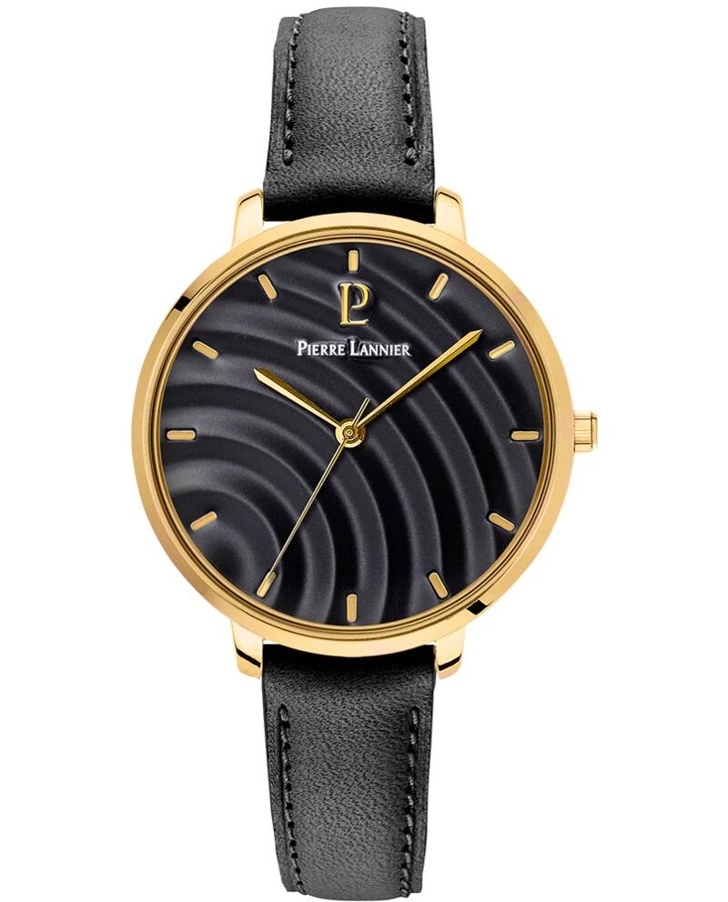 Pierre Lannier Watch - Women's BETTY Quartz Watch, Gold-Tone, Black Dial, Black Leather Strap, 14MM - 065L533