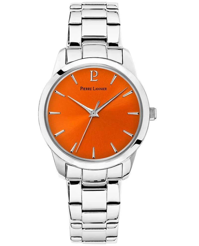 Pierre Lannier Watch - Women's Quartz ROXANE Silver-Tone Watch with Orange Sunburst Dial and 18MM Silver-Tone Steel Strap - 069G651