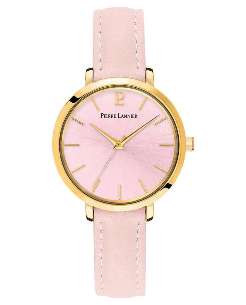 Pierre Lannier Watch - Women's Quartz CHOUQUETTE Gold-Toned Watch with Pink Sunburst Dial and 12MM Pink Leather Strap - 038J555