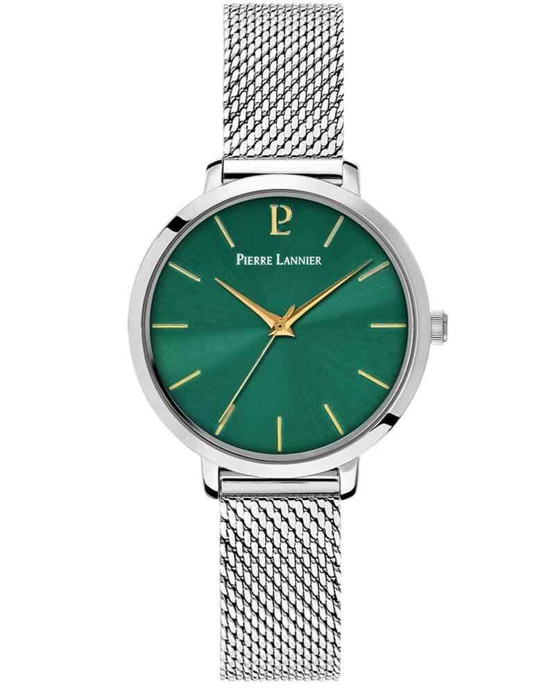 Pierre Lannier Watch - Women's Quartz CHOUQUETTE Silver-Toned Watch with Green Sunburst Dial and 12MM Silver-Toned Milanese Steel Bracelet - 046H671