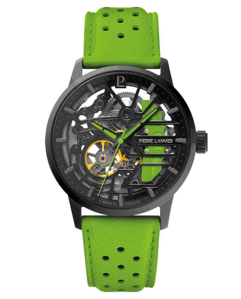 Pierre Lannier Watch - Women's Automatic PADDOCK Black Black Dial Green Leather Strap 20MM - 145G877