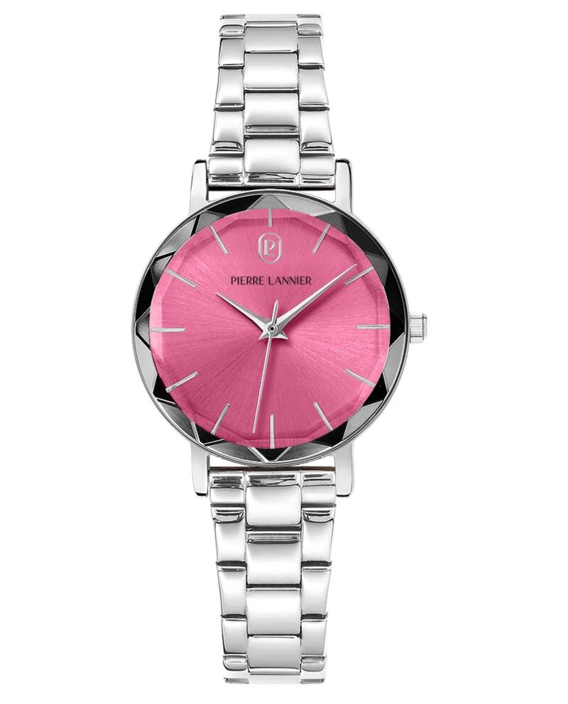 Pierre Lannier Watch - Women's Quartz MULTIPLES Silver-Toned Watch with Pink Sunburst Dial and 14MM Silver-Toned Steel Strap - 011L651